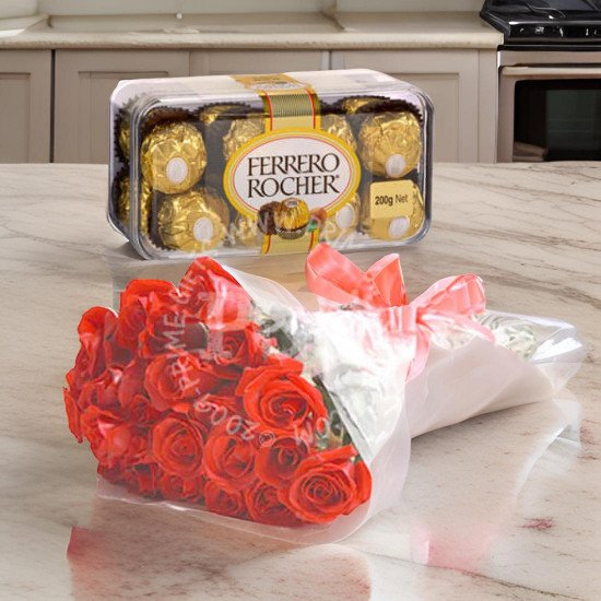 Ferrero Rocher Chocolates and 24 Red Roses